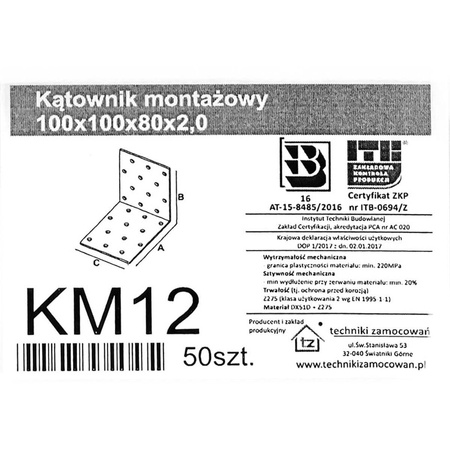 Kątownik montażowy KM12 100x100x80 x 2,0 mm (1 szt.)
