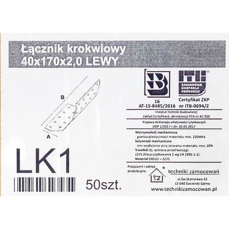 Łącznik ciesielski krokwiowy lewe ŁK1 40x170x2,0 mm (1 szt.)