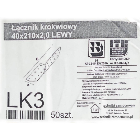 Łączniki ciesielskie krokwiowe lewe ŁK3 40x210x 2,0 mm (50 szt.)