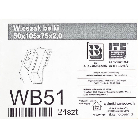 Wieszak belki drewnianej WB51 50x105x75 x 2,0 mm (1 szt.)